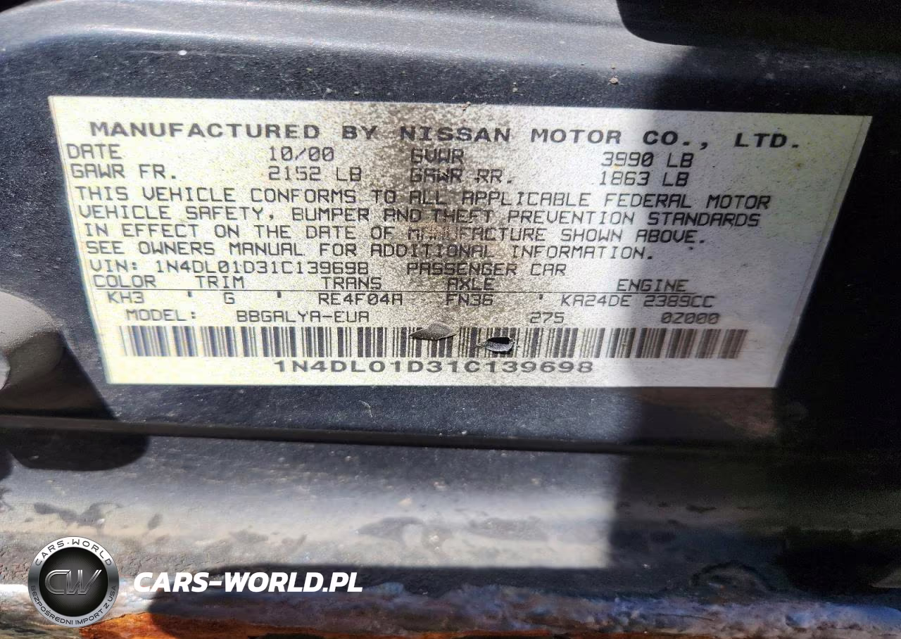 2001 Nissan Altima Xe VIN:1N4DL01D31C139698 - 12