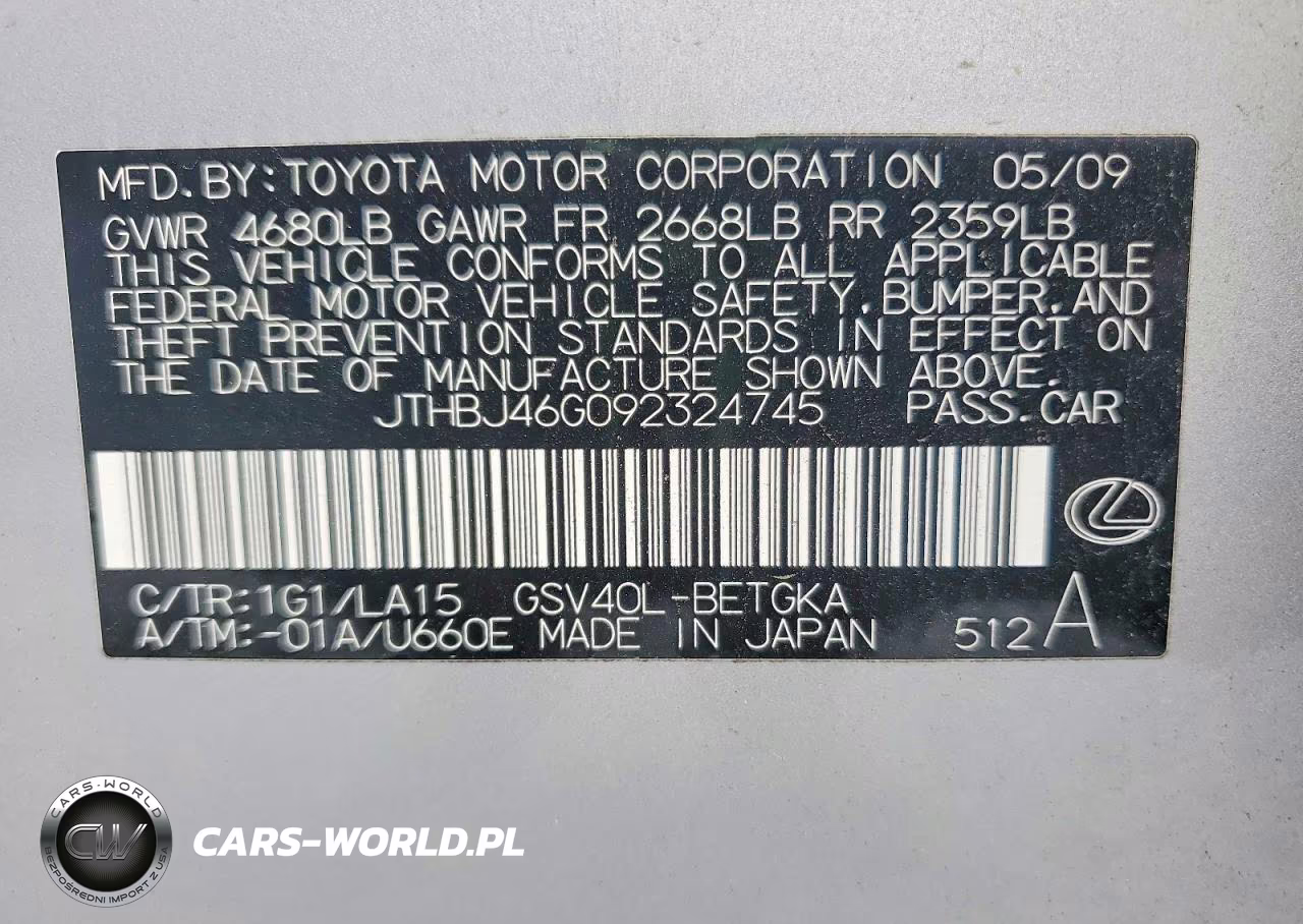 2009 Lexus Es 350 VIN:JTHBJ46G092324745 - 12