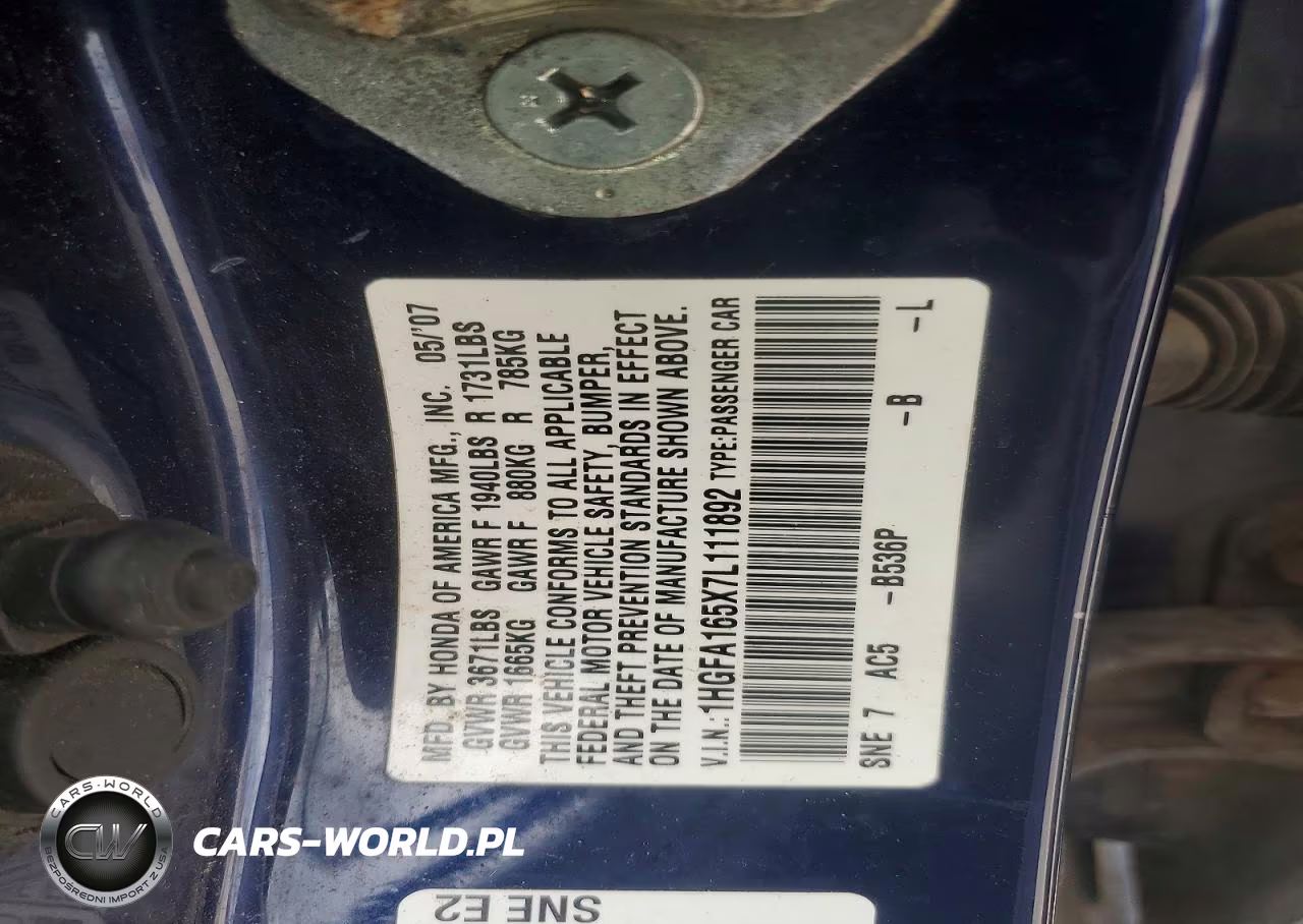 2007 Honda Civic Lx VIN:1HGFA165X7L111892 - 12