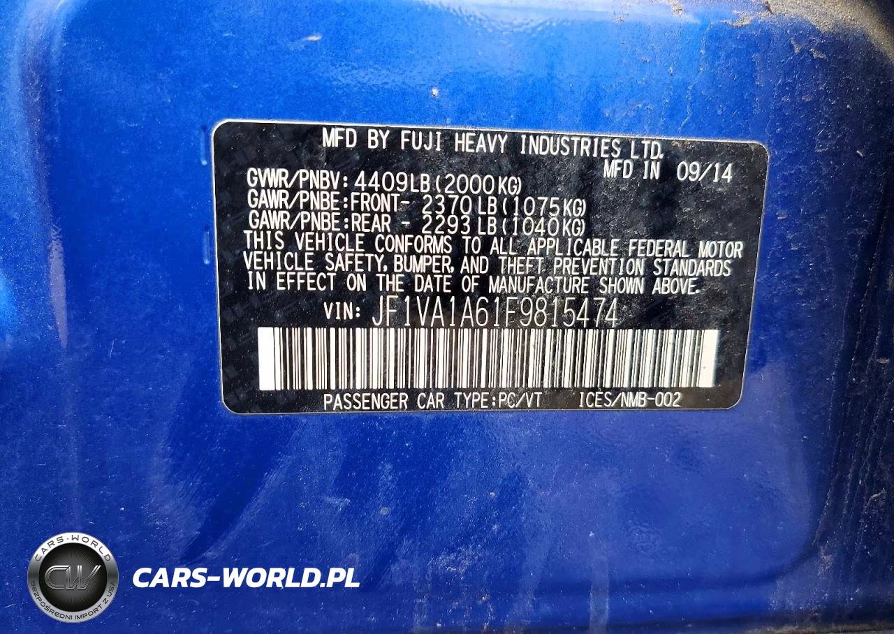 2015 Subaru Wrx VIN:JF1VA1A61F9815474 - 12