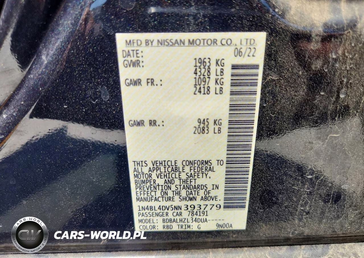 2022 Nissan Altima Sv VIN:1N4BL4DV5NN393779 - 13