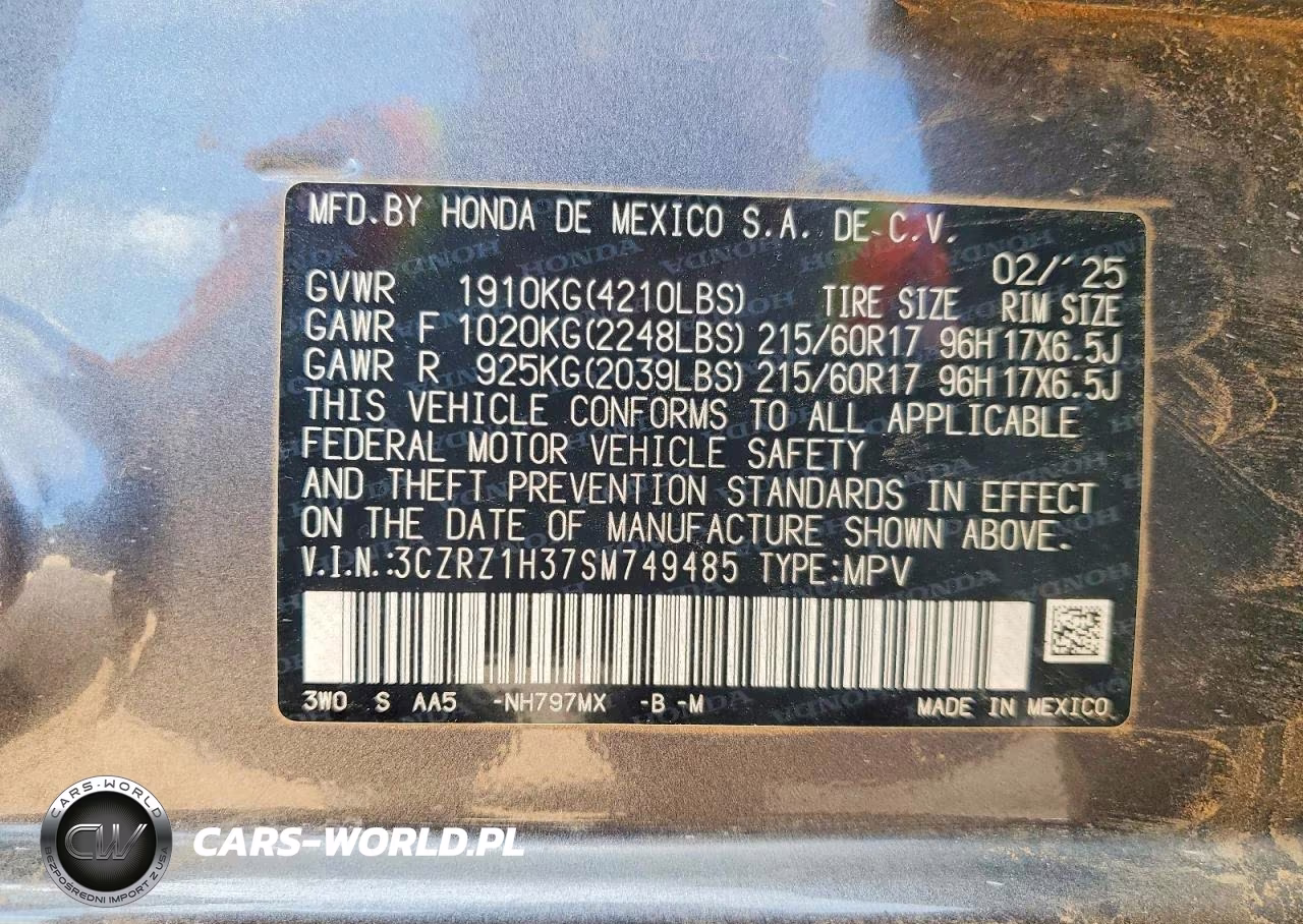 2025 Honda Hr-V Lx VIN:3CZRZ1H37SM749485 - 14