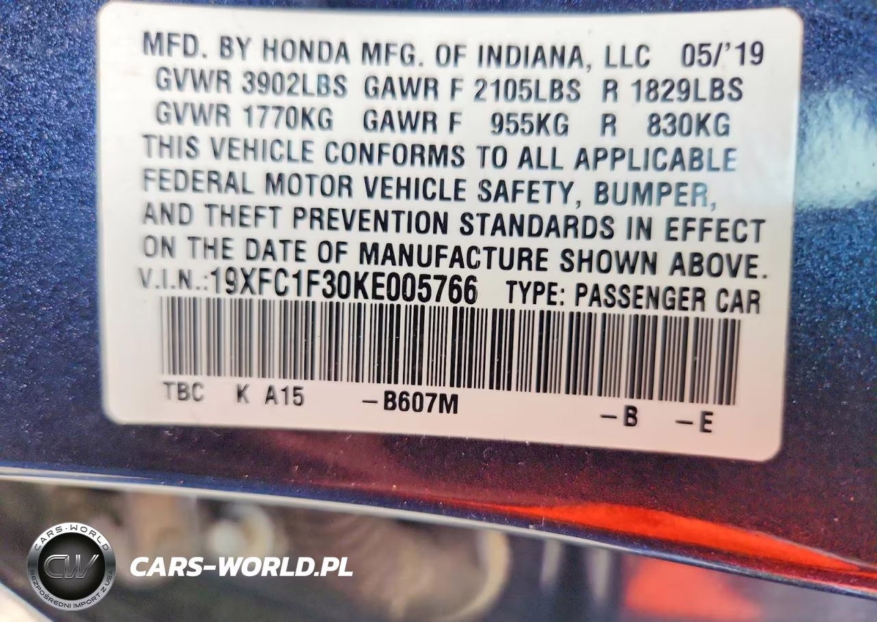 2019 Honda Civic Ex VIN:19XFC1F30KE005766 - 12