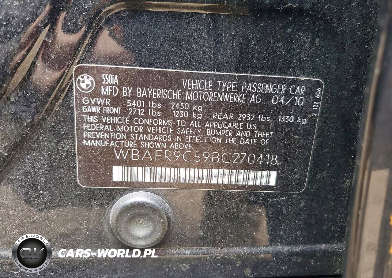 2011 BMW 550 I VIN:WBAFR9C59BC270418 - 12