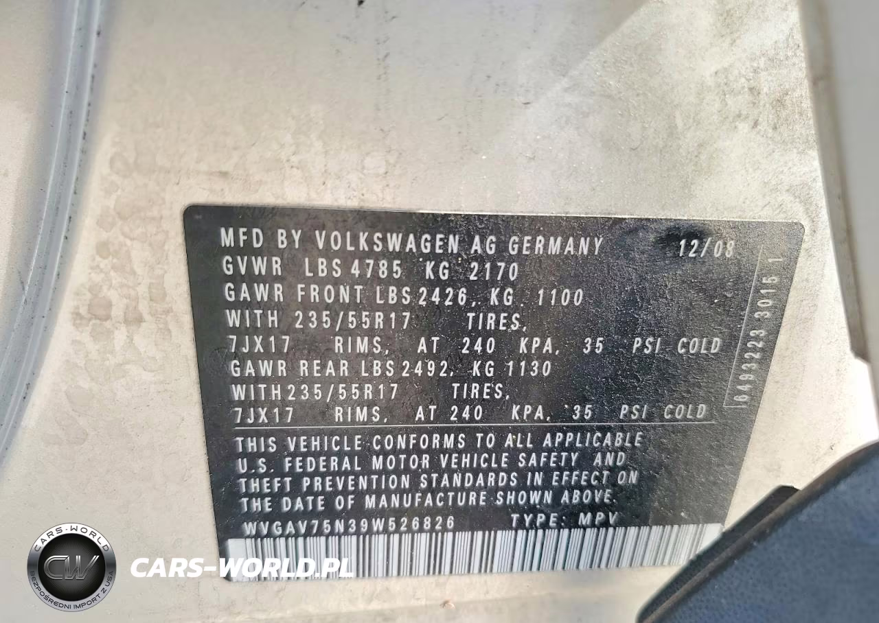 2009 Volkswagen Tiguan S VIN:WVGAV75N39W526826 - 13