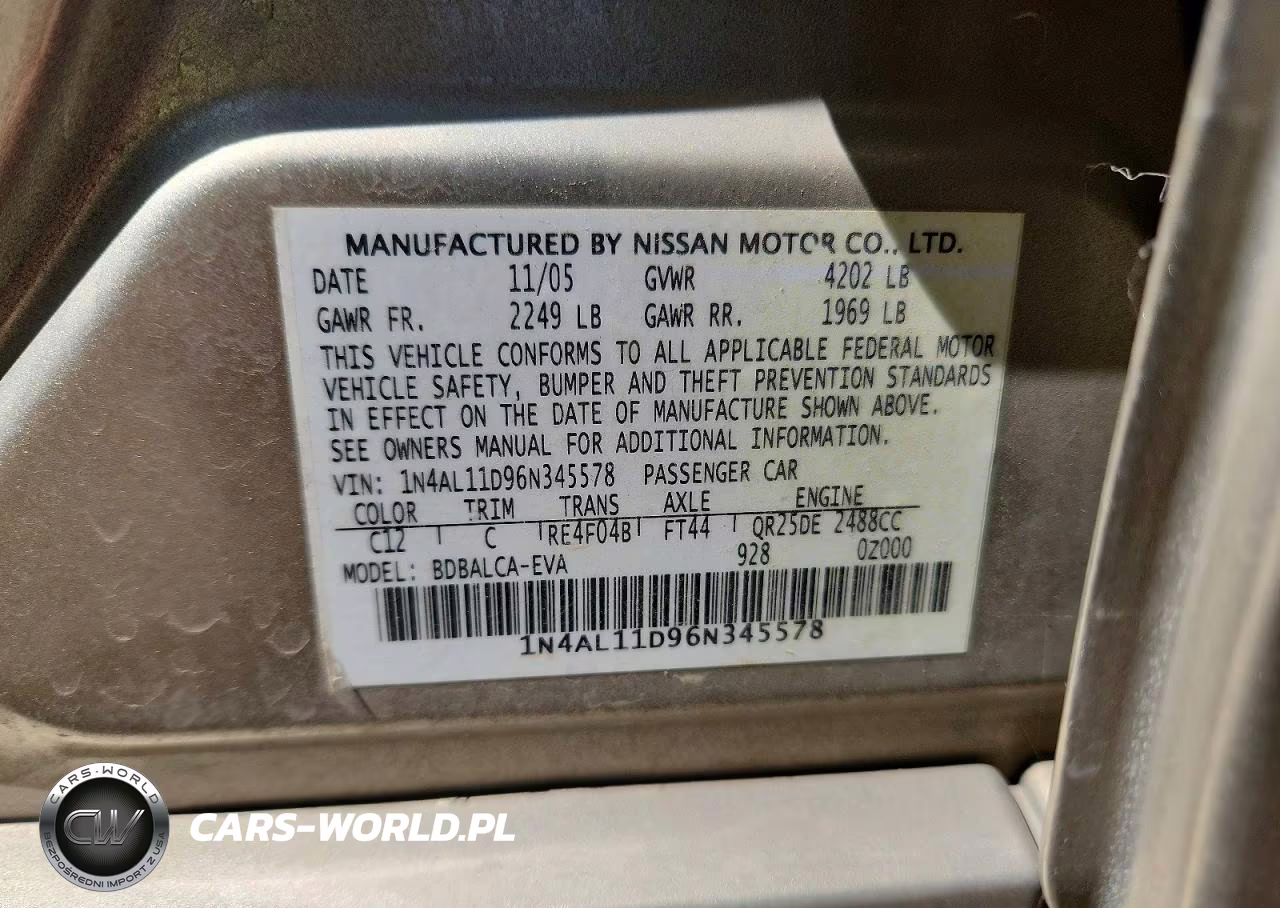 2006 Nissan Altima 2.5 VIN:1N4AL11D96N345578 - 12