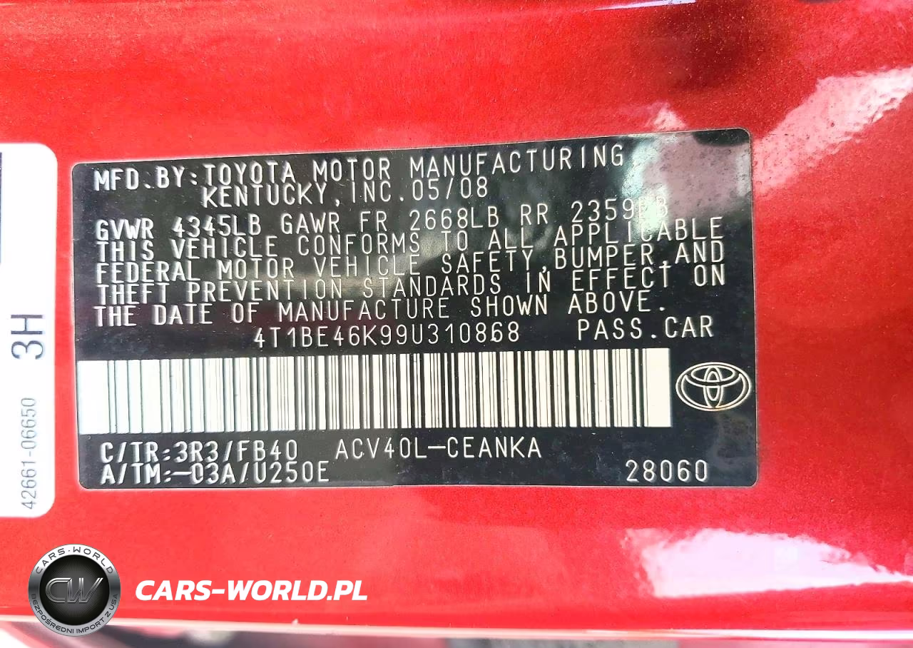 2009 Toyota Camry Le VIN:4T1BE46K99U310868 - 12