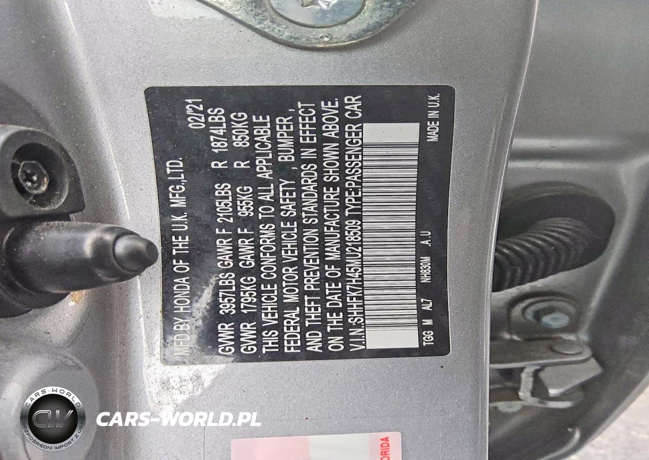 2021 Honda Civic Sport VIN:SHHFK7H45MU218509 - 12