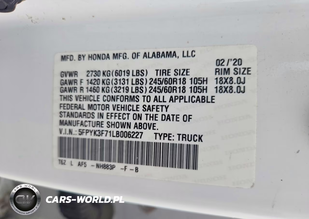 2020 Honda Ridgeline Rtl VIN:5FPYK3F71LB006227 - 12