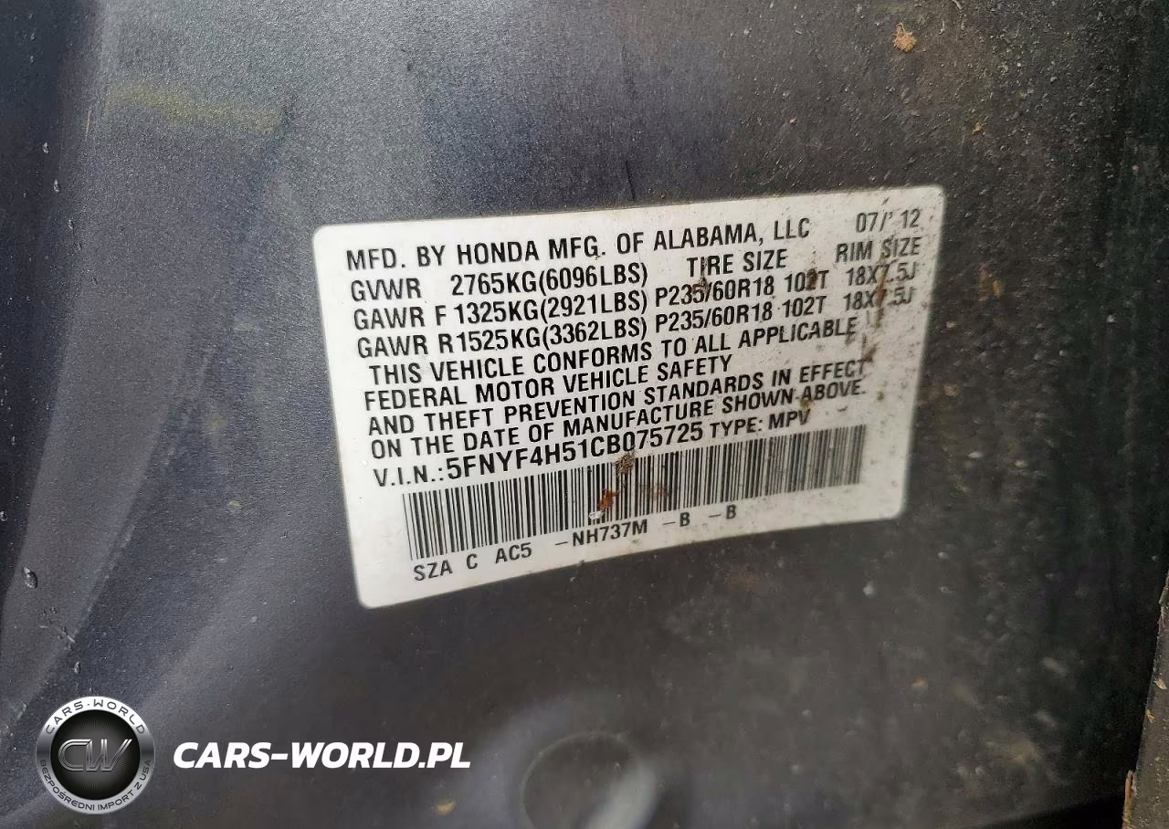 2012 Honda Pilot Exl VIN:5FNYF4H51CB075725 - 12