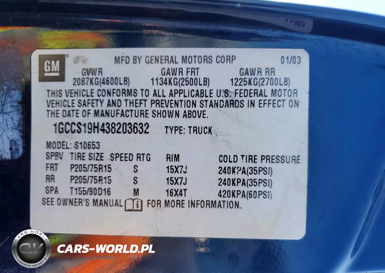 2003 Chevrolet S Truck S10 VIN:1GCCS19H438203632 - 12
