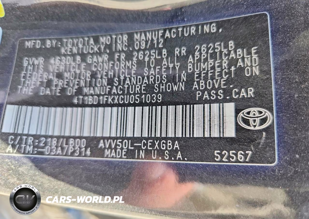 2012 Toyota Camry Hybrid Xle VIN:4T1BD1FKXCU051039 - 12