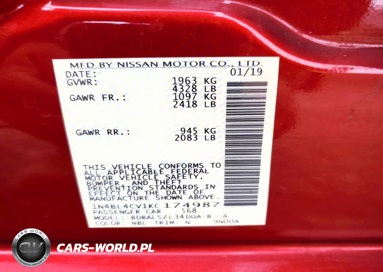 2019 Nissan Altima Sr VIN:1N4BL4CV1KC174987 - 12