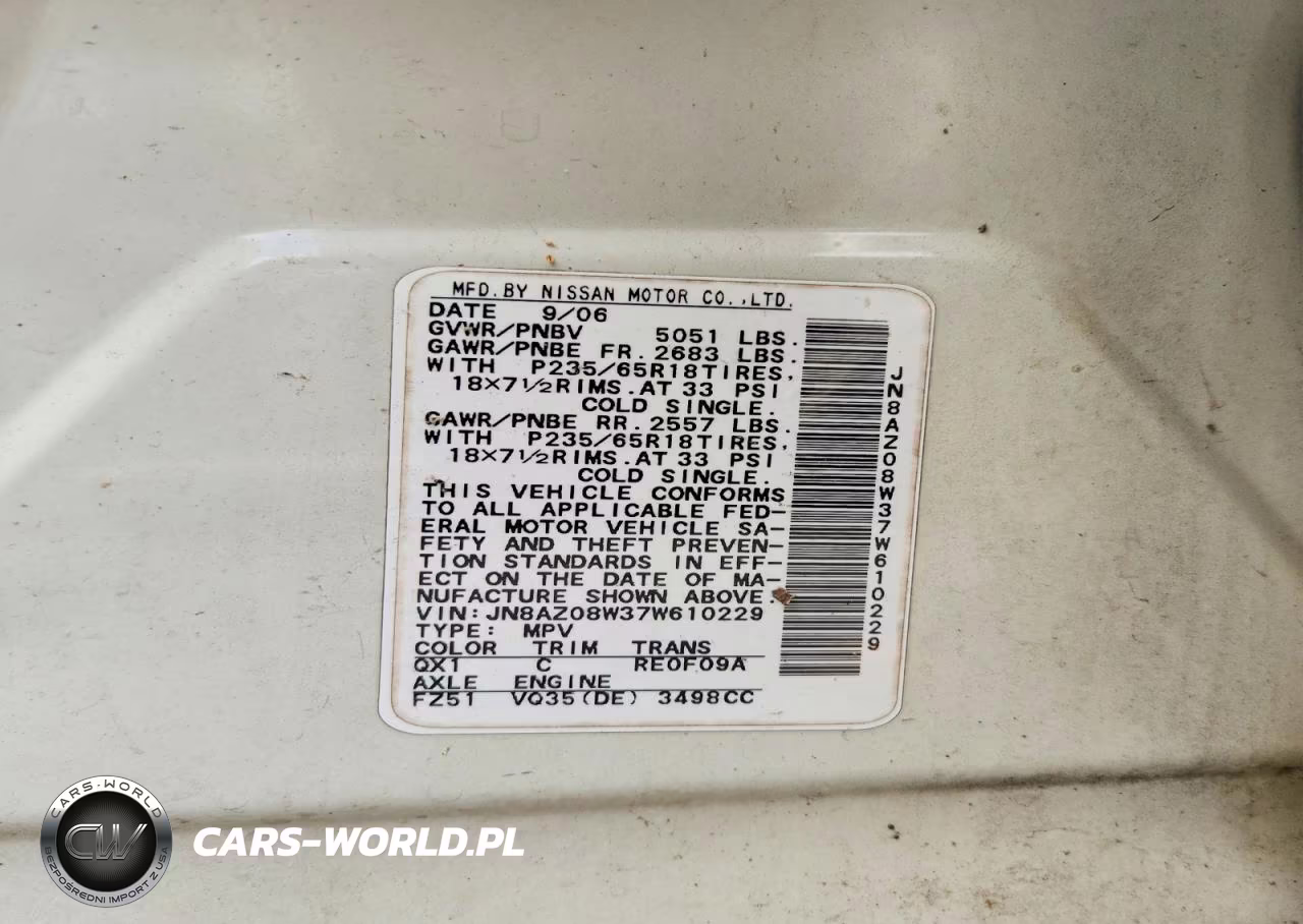 2007 Nissan Murano S VIN:JN8AZ08W37W610229 - 13