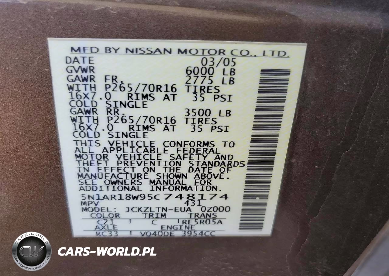 2005 Nissan Pathfinder Xe VIN:5N1AR18W95C748174 - 13