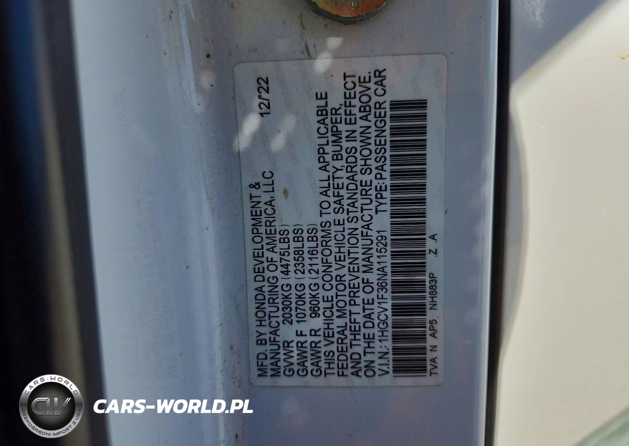 2022 Honda Accord Sport VIN:1HGCV1F36NA115291 - 12