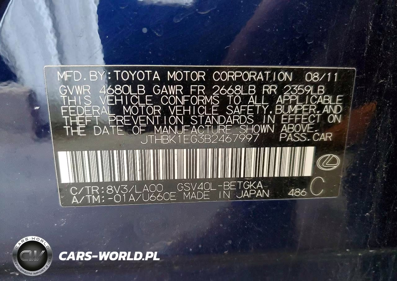 2011 Lexus Es 350 VIN:JTHBK1EG3B2467997 - 13