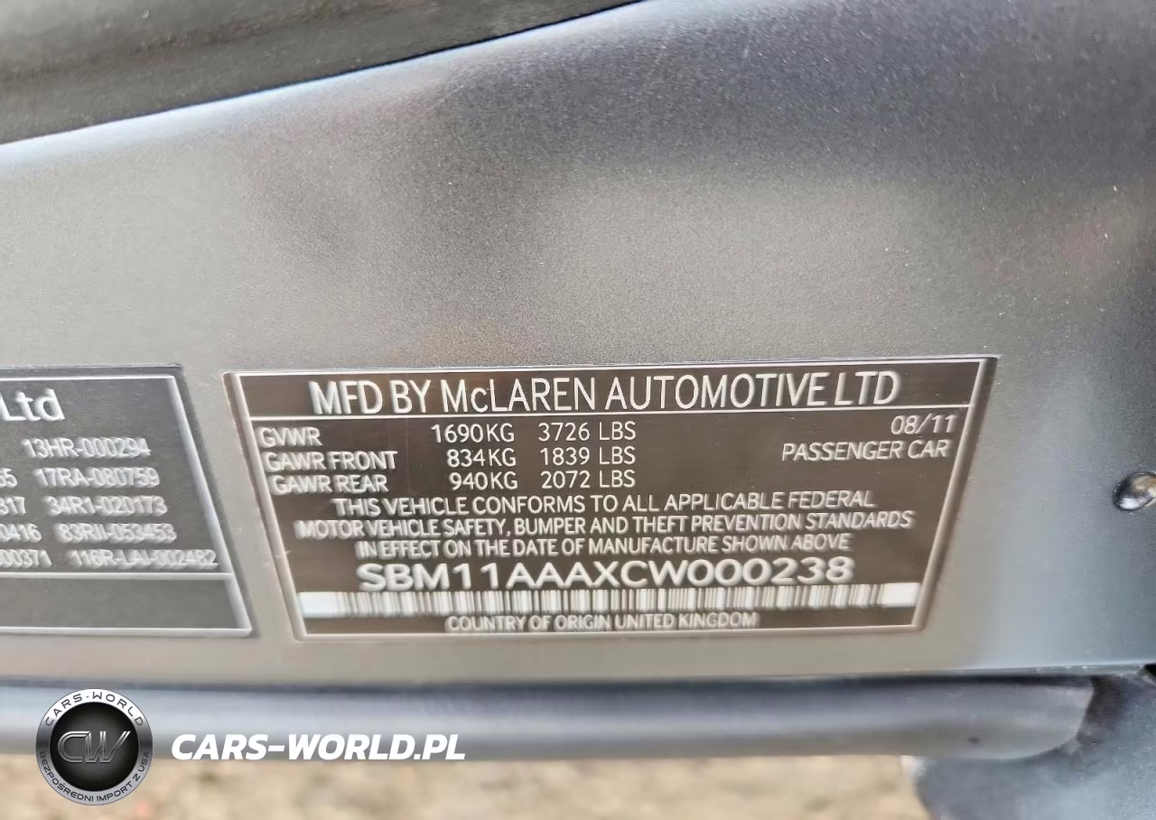 2012 Mclaren Automotive Mp4-12C VIN:SBM11AAAXCW000238 - 12