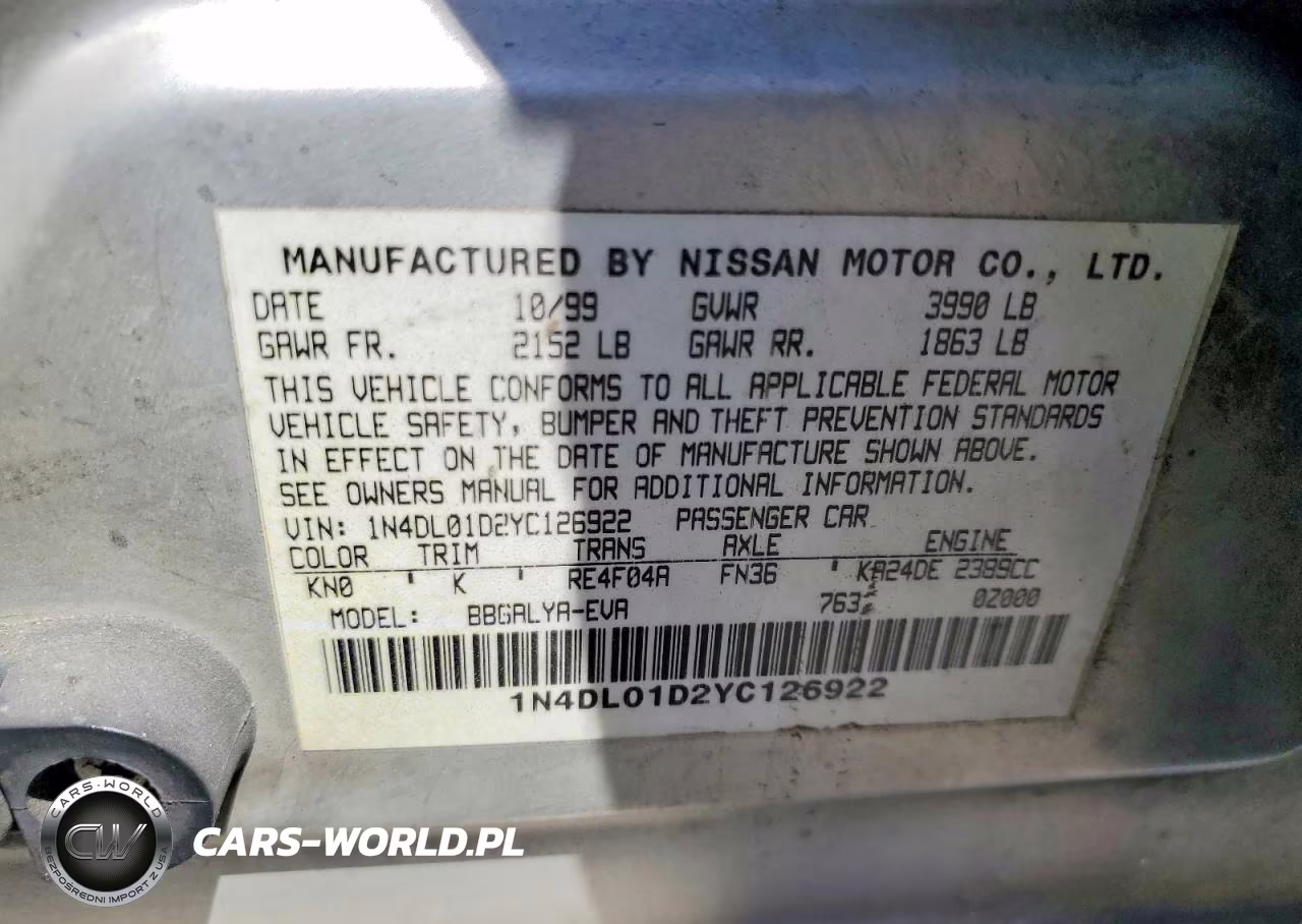 2000 Nissan Altima Xe VIN:1N4DL01D2YC126922 - 12