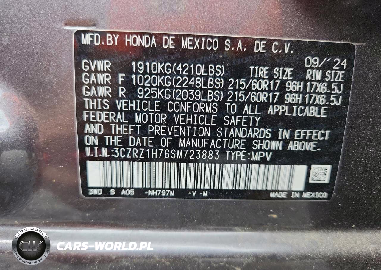 2025 Honda Hr-V Exl VIN:3CZRZ1H76SM723883 - 13