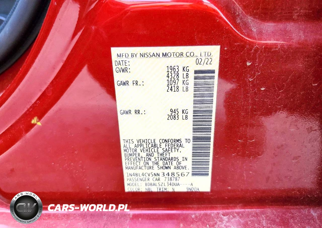 2022 Nissan Altima Sr VIN:1N4BL4CV5NN348567 - 12