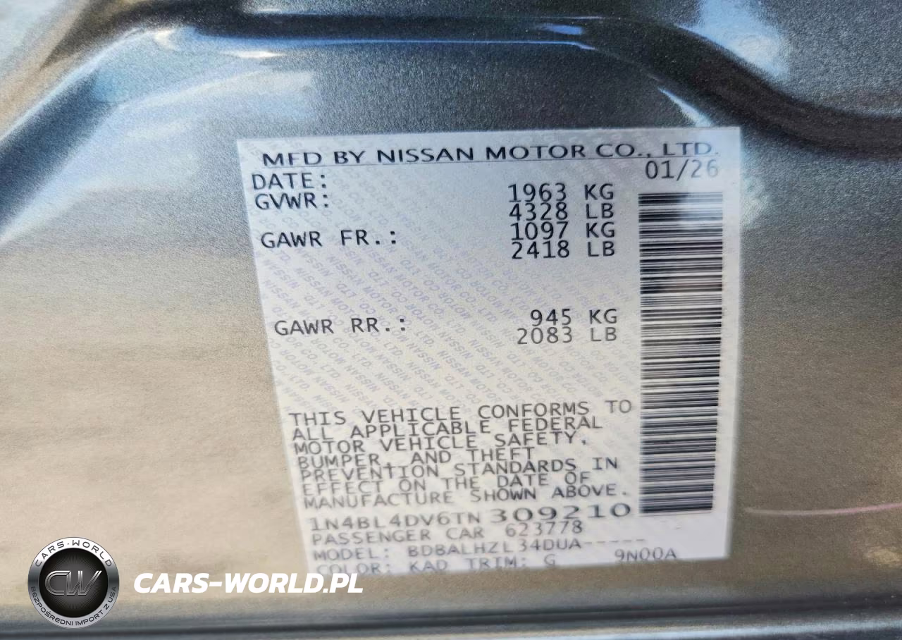 2026 Nissan Altima Sv VIN:1N4BL4DV6TN309210 - 12