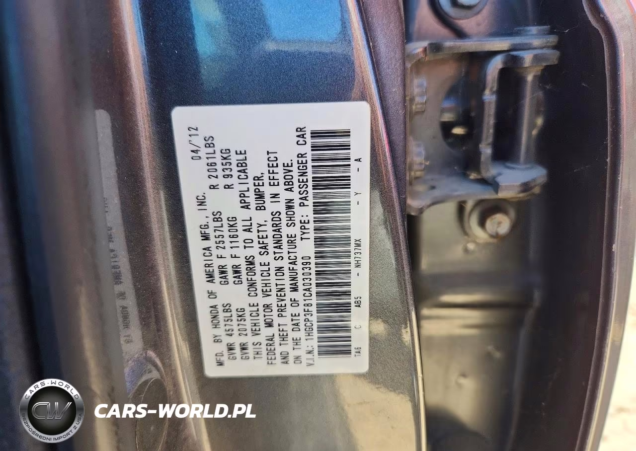 2012 Honda Accord Exl VIN:1HGCP3F81CA030390 - 12