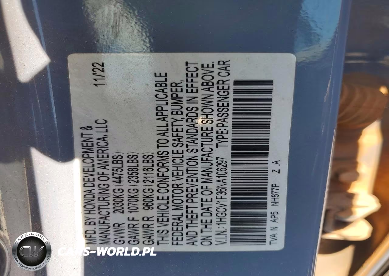 2022 Honda Accord Sport VIN:1HGCV1F36NA106297 - 12