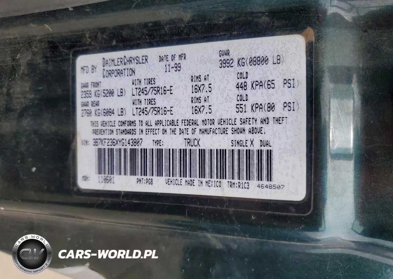 2000 Dodge Ram 2500 VIN:3B7KF236XYG143807 - 12