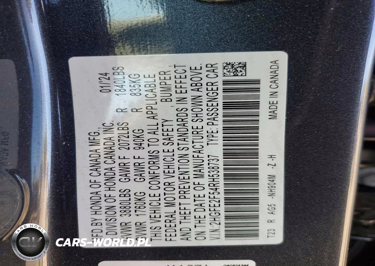 2024 Honda Civic Sport VIN:2HGFE2F54RH538737 - 12