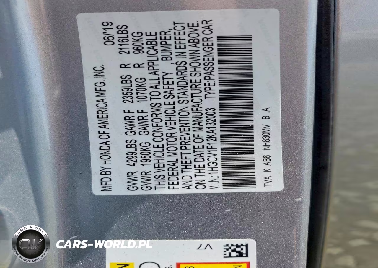 2019 Honda Accord Lx VIN:1HGCV1F12KA132003 - 13