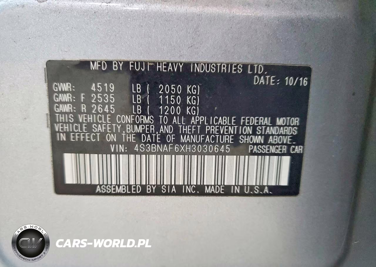 2017 Subaru Legacy 2.5I Premium VIN:4S3BNAF6XH3030645 - 12