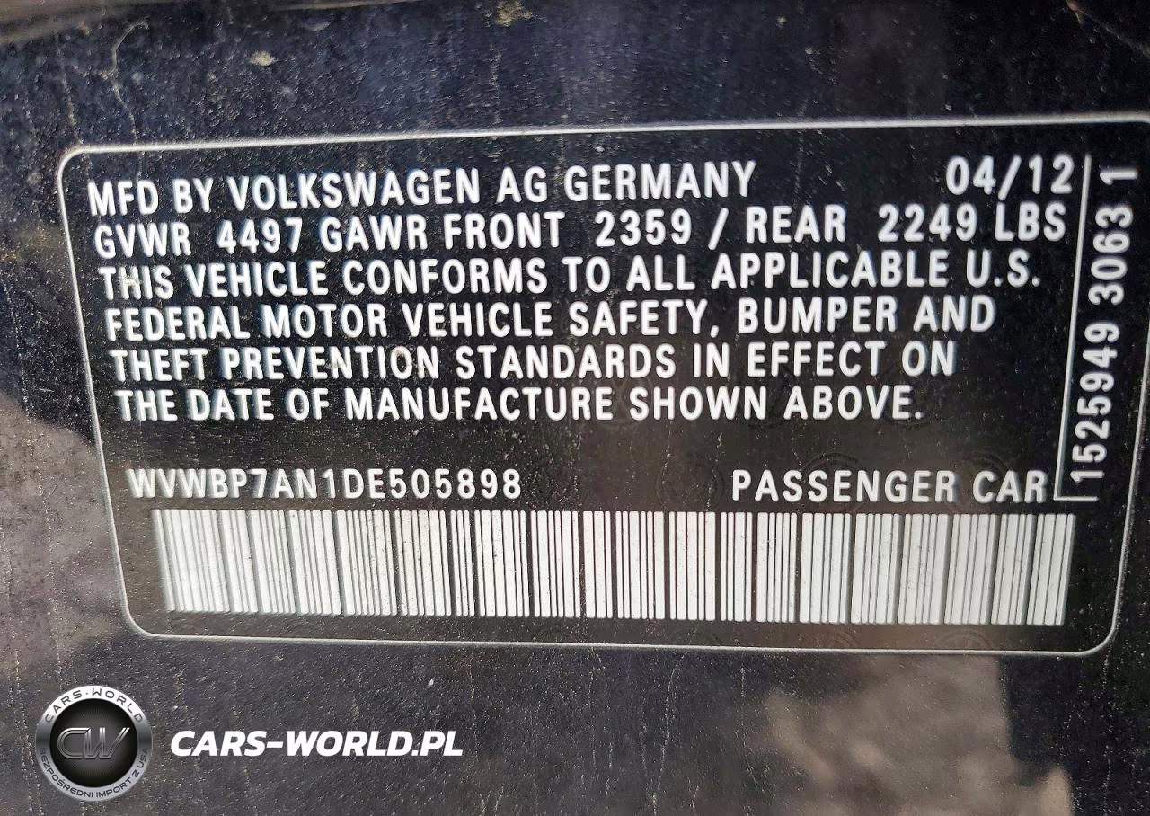 2013 Volkswagen Cc Sport VIN:WVWBP7AN1DE505898 - 12
