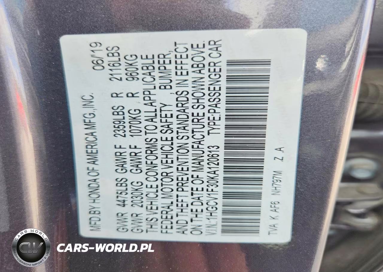 2019 Honda Accord Sport VIN:1HGCV1F30KA120613 - 13