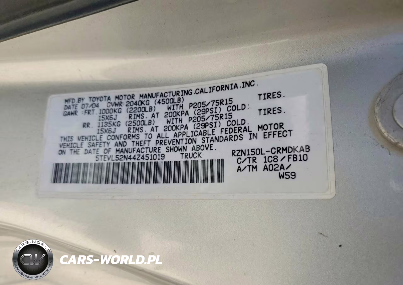 2004 Toyota Tacoma Base VIN:5TEVL52N44Z451019 - 12