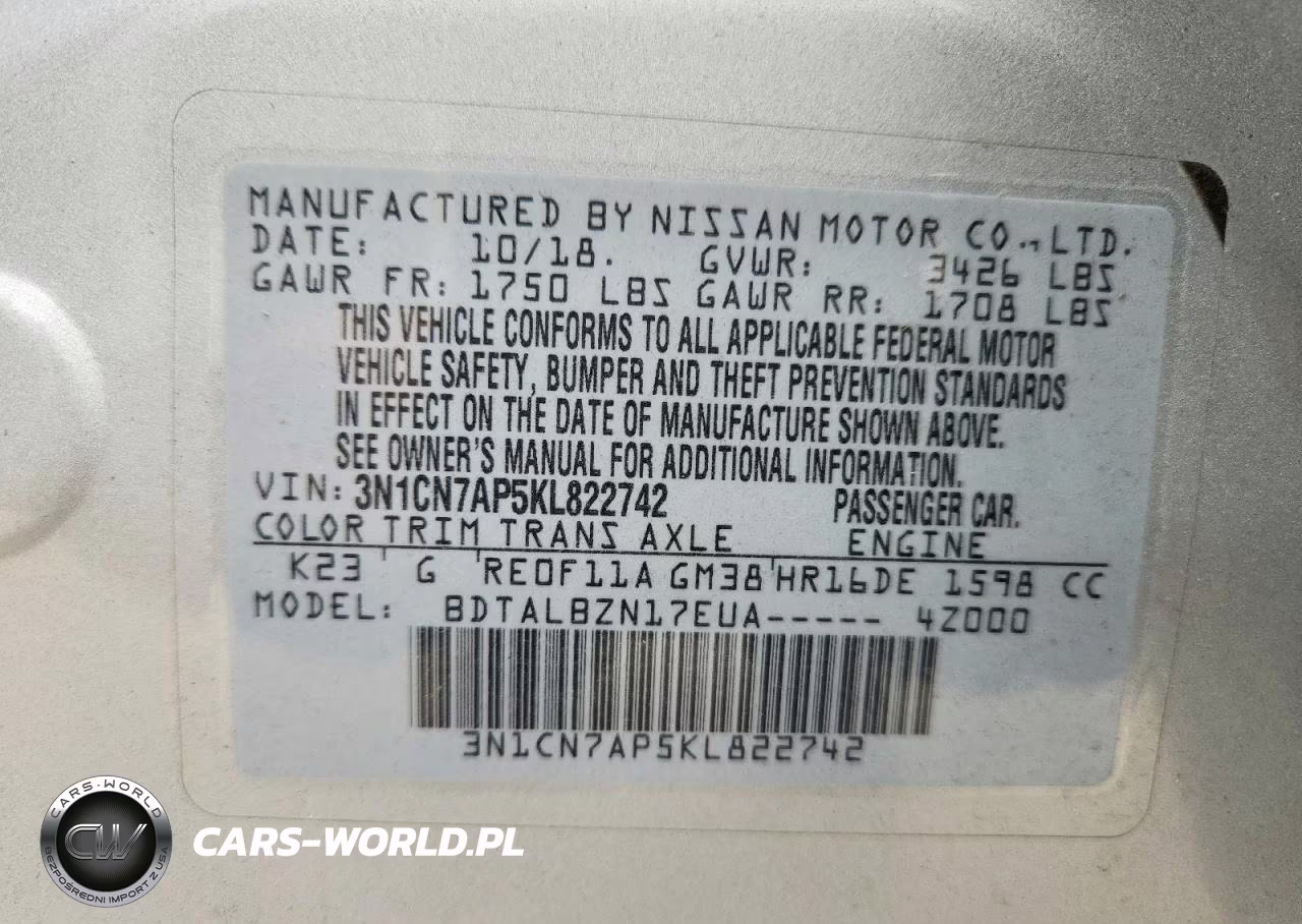 2019 Nissan Versa Sv VIN:3N1CN7AP5KL822742 - 12