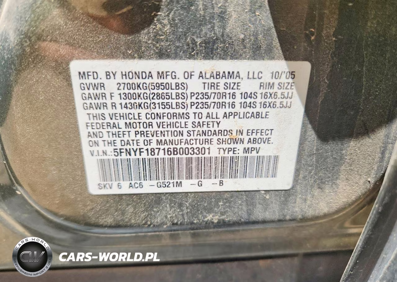 2006 Honda Pilot Ex VIN:5FNYF18716B003301 - 13