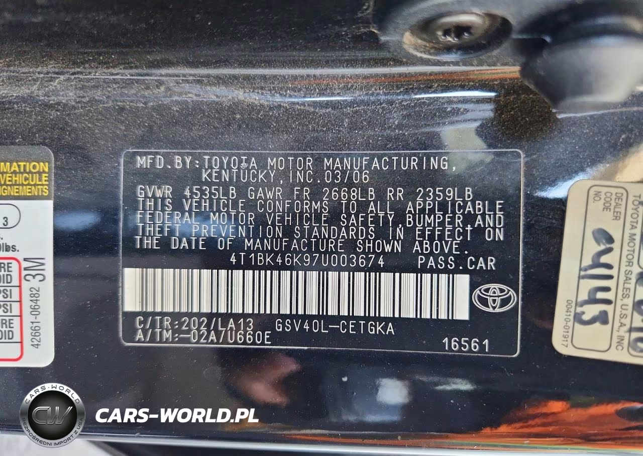 2007 Toyota Camry Xle V6 VIN:4T1BK46K97U003674 - 12