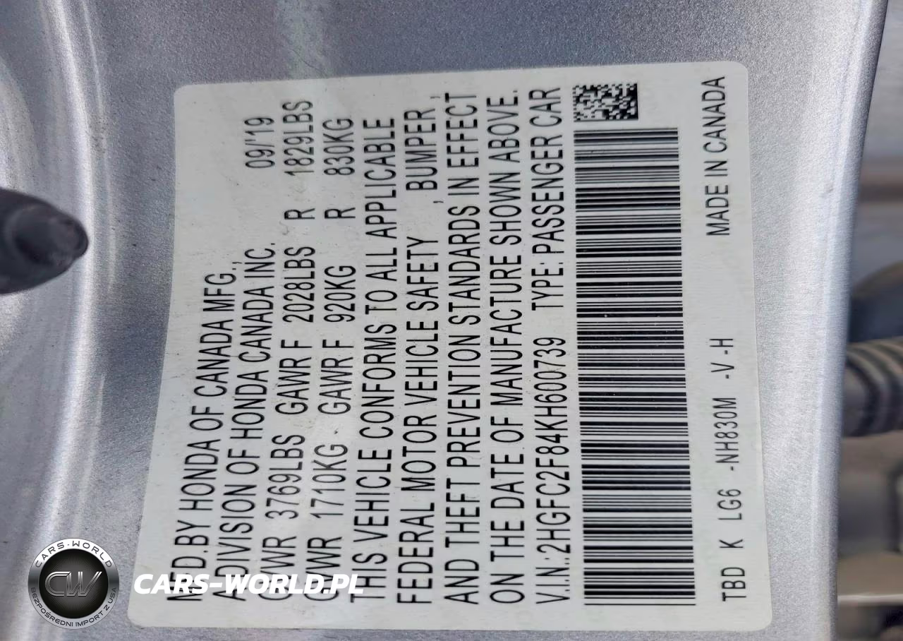 2019 Honda Civic Sport VIN:2HGFC2F84KH600739 - 12