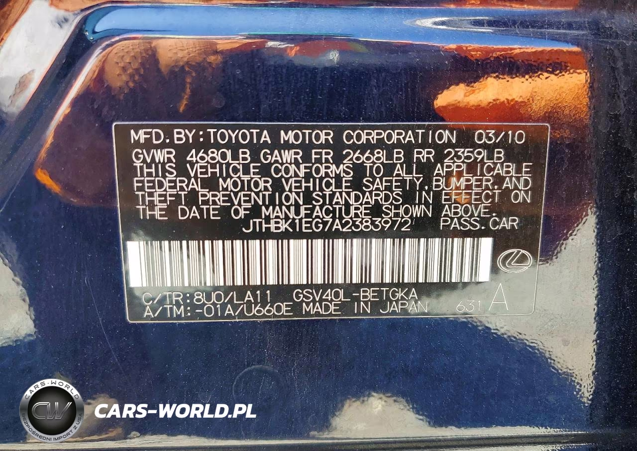 2010 Lexus Es 350 VIN:JTHBK1EG7A2383972 - 12