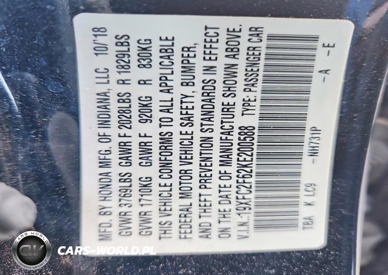 2019 Honda Civic Lx VIN:19XFC2F62KE200588 - 13