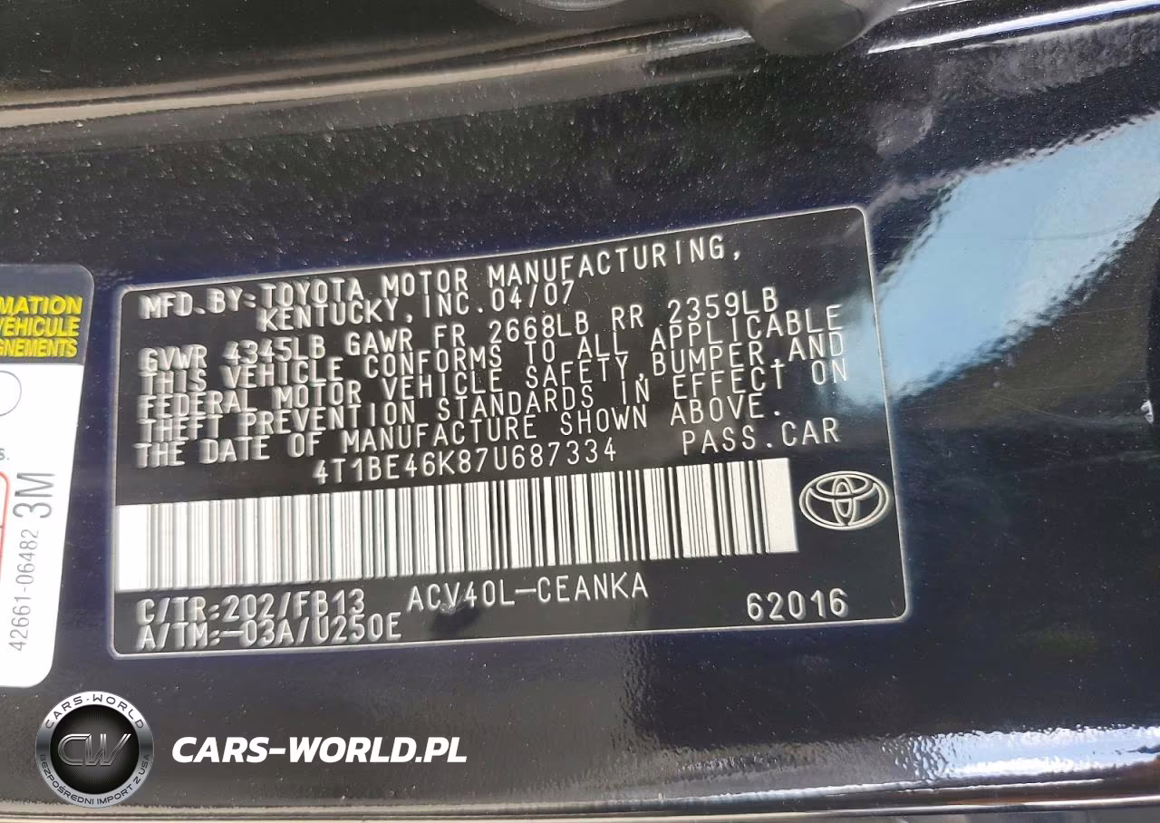 2007 Toyota Camry Le VIN:4T1BE46K87U687334 - 12