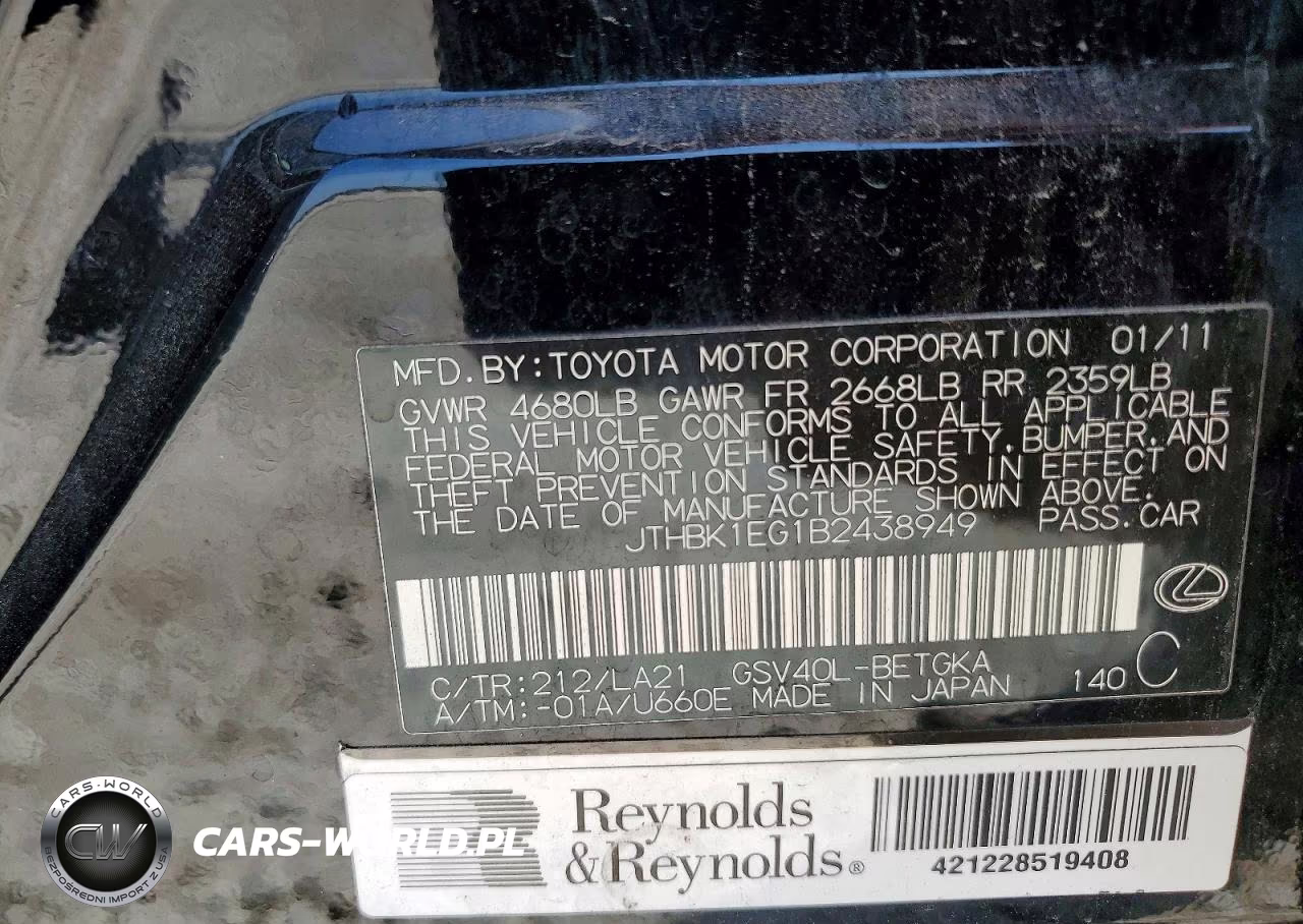2011 Lexus Es 350 VIN:JTHBK1EG1B2438949 - 12