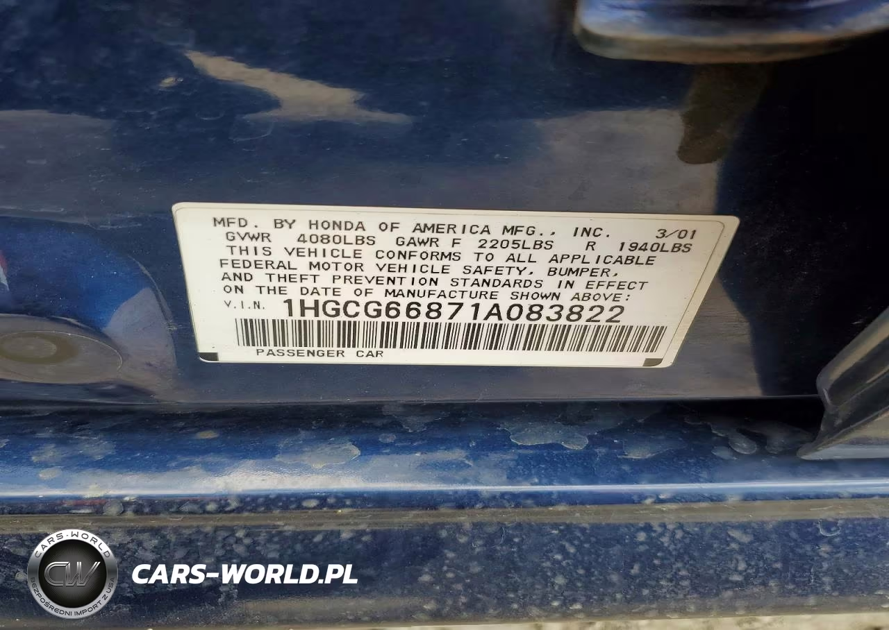 2001 Honda Accord Ex VIN:1HGCG66871A083822 - 12
