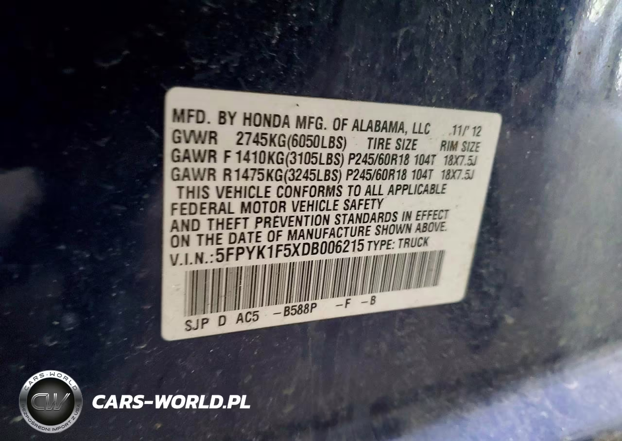 2013 Honda Ridgeline Rtl VIN:5FPYK1F5XDB006215 - 12