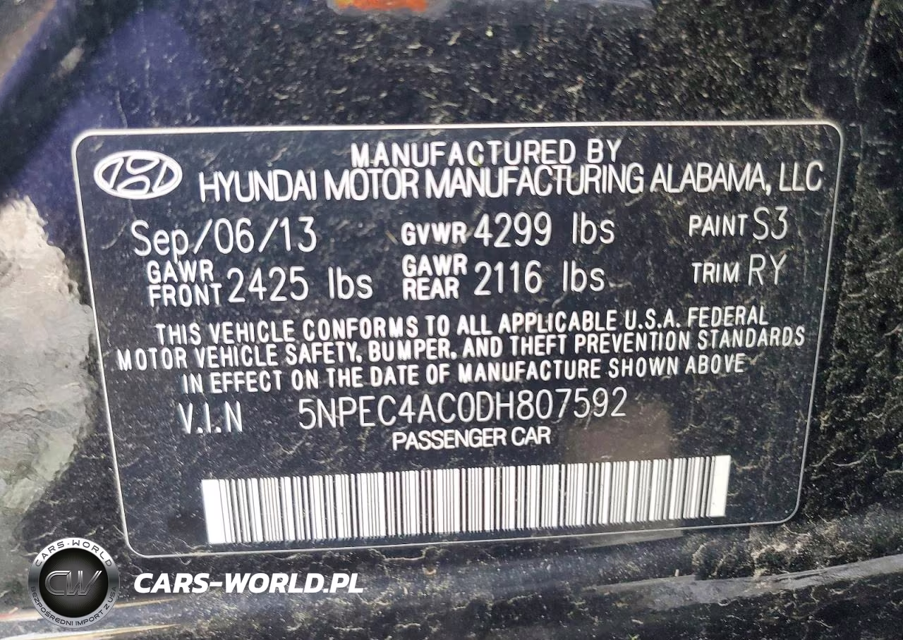 2013 Hyundai Sonata Se VIN:5NPEC4AC0DH807592 - 12