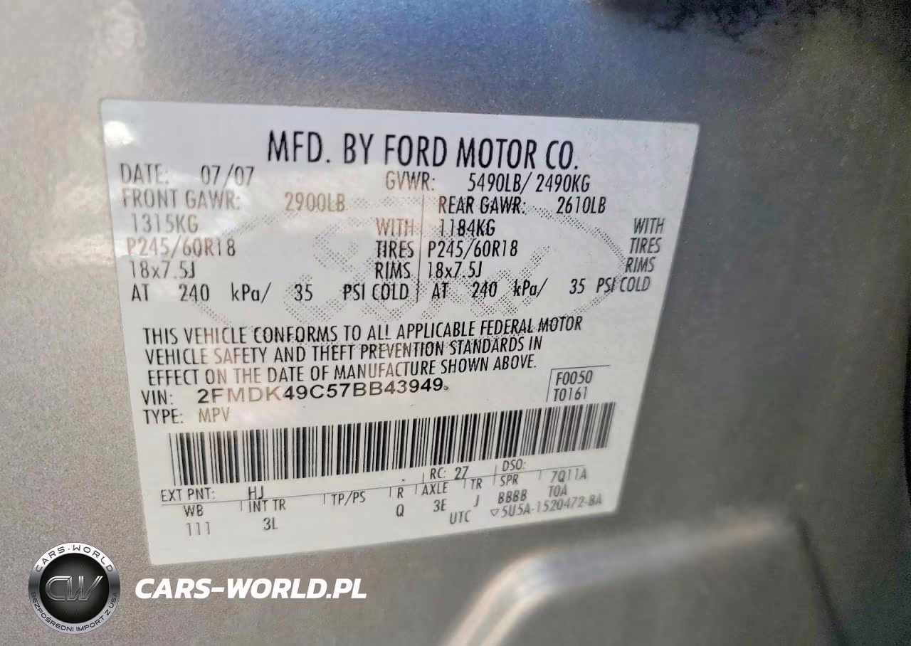 2007 Ford Edge Sel Plus VIN:2FMDK49C57BB43949 - 13