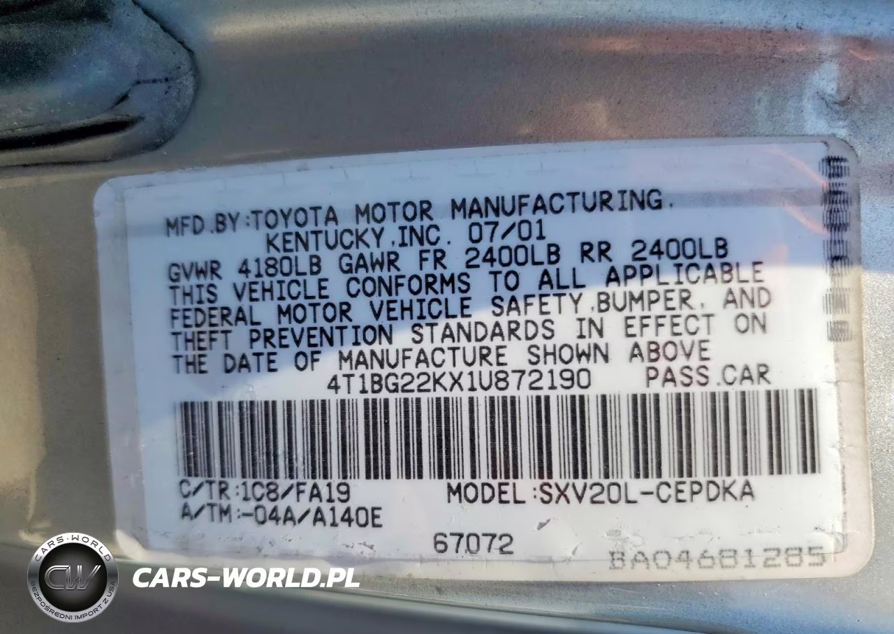 2001 Toyota Camry Ce VIN:4T1BG22KX1U872190 - 12