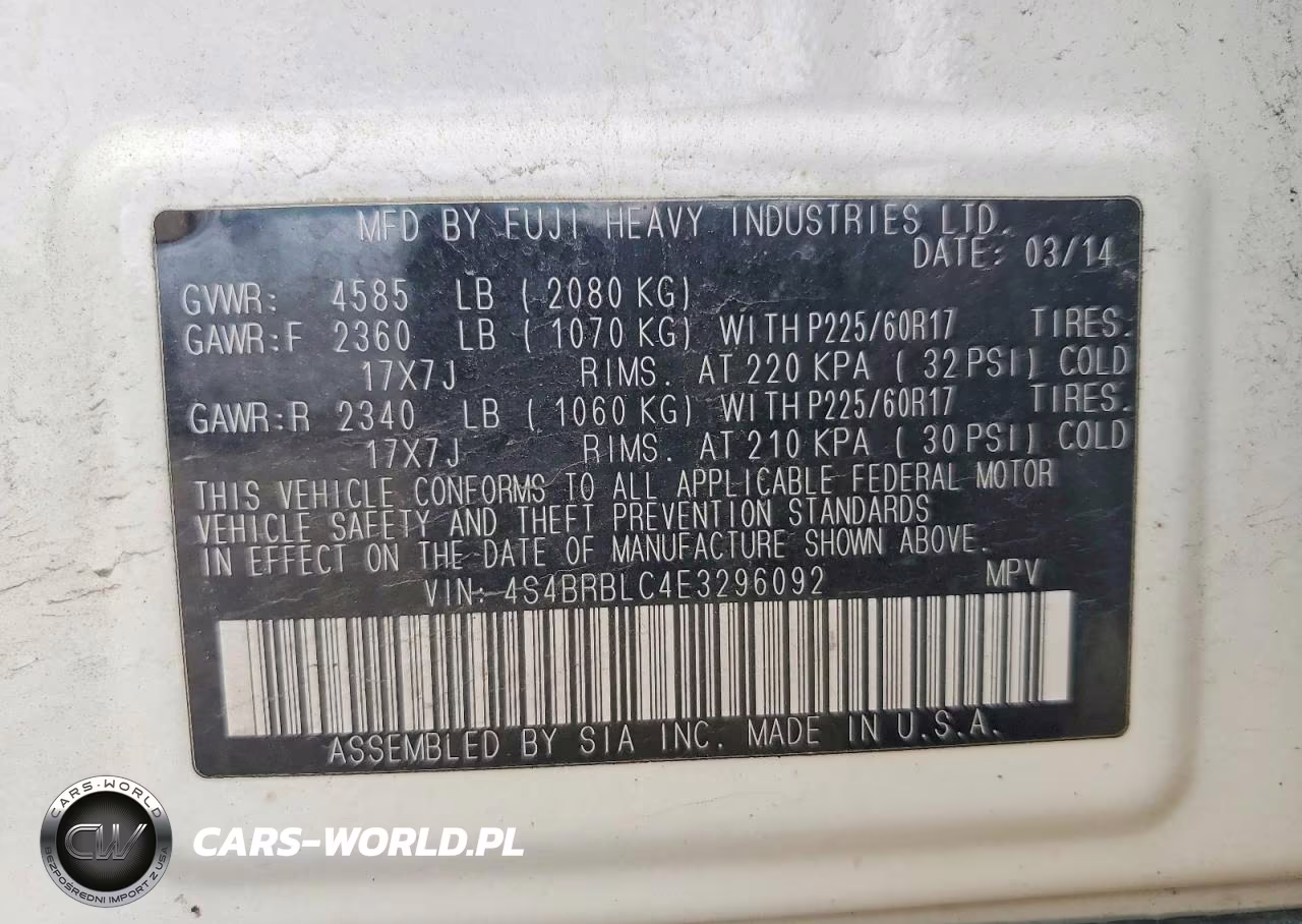 2014 Subaru Outback 2.5I Limited VIN:4S4BRBLC4E3296092 - 12