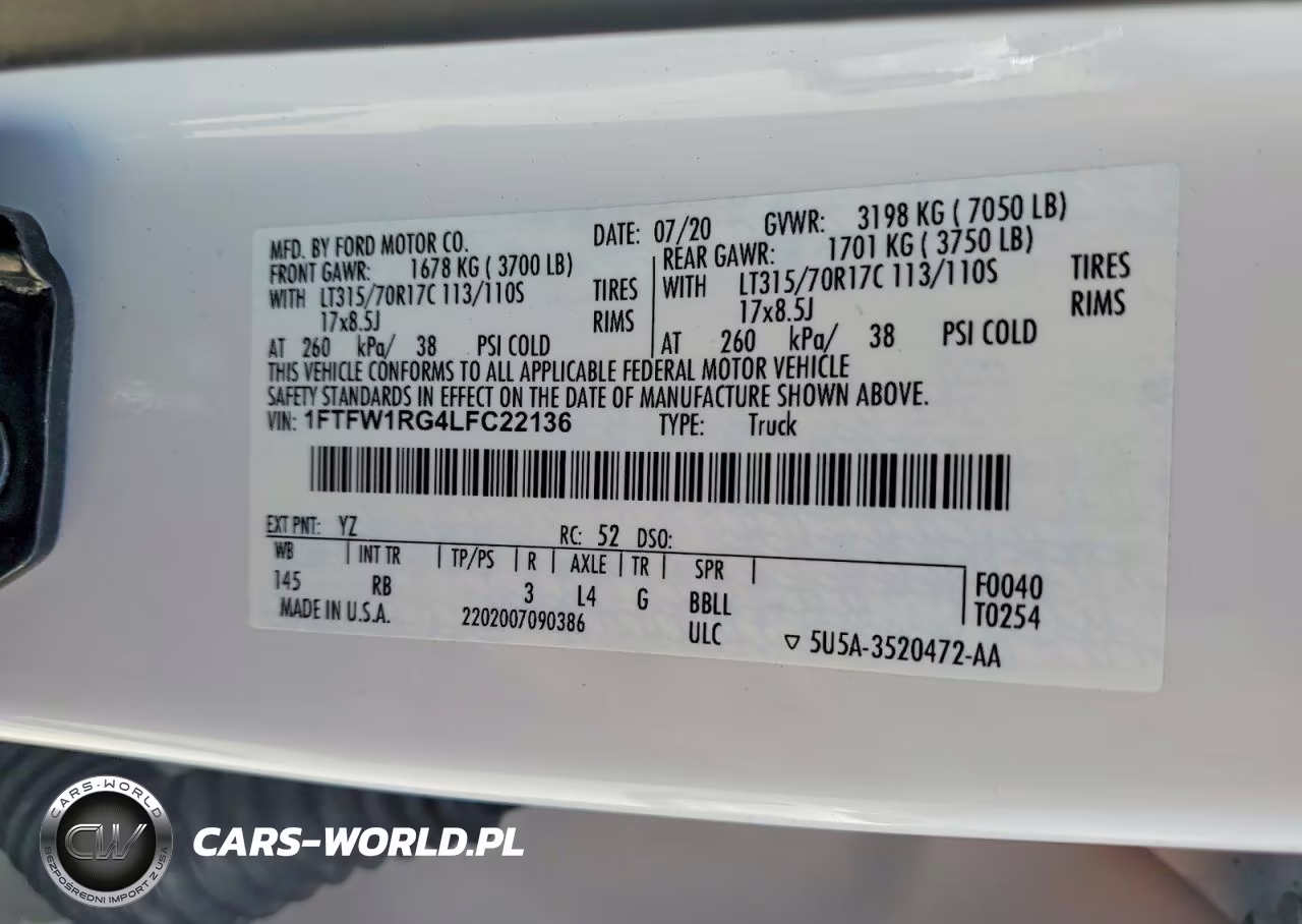 2020 Ford F150 Raptor VIN:1FTFW1RG4LFC22136 - 12